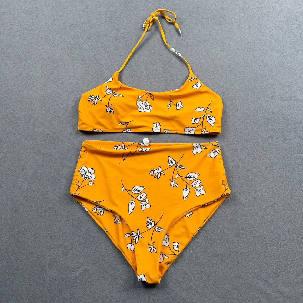 Two Piece Floral Bikini Set High Waist Halter Top Yellow Botanical Beachwear M